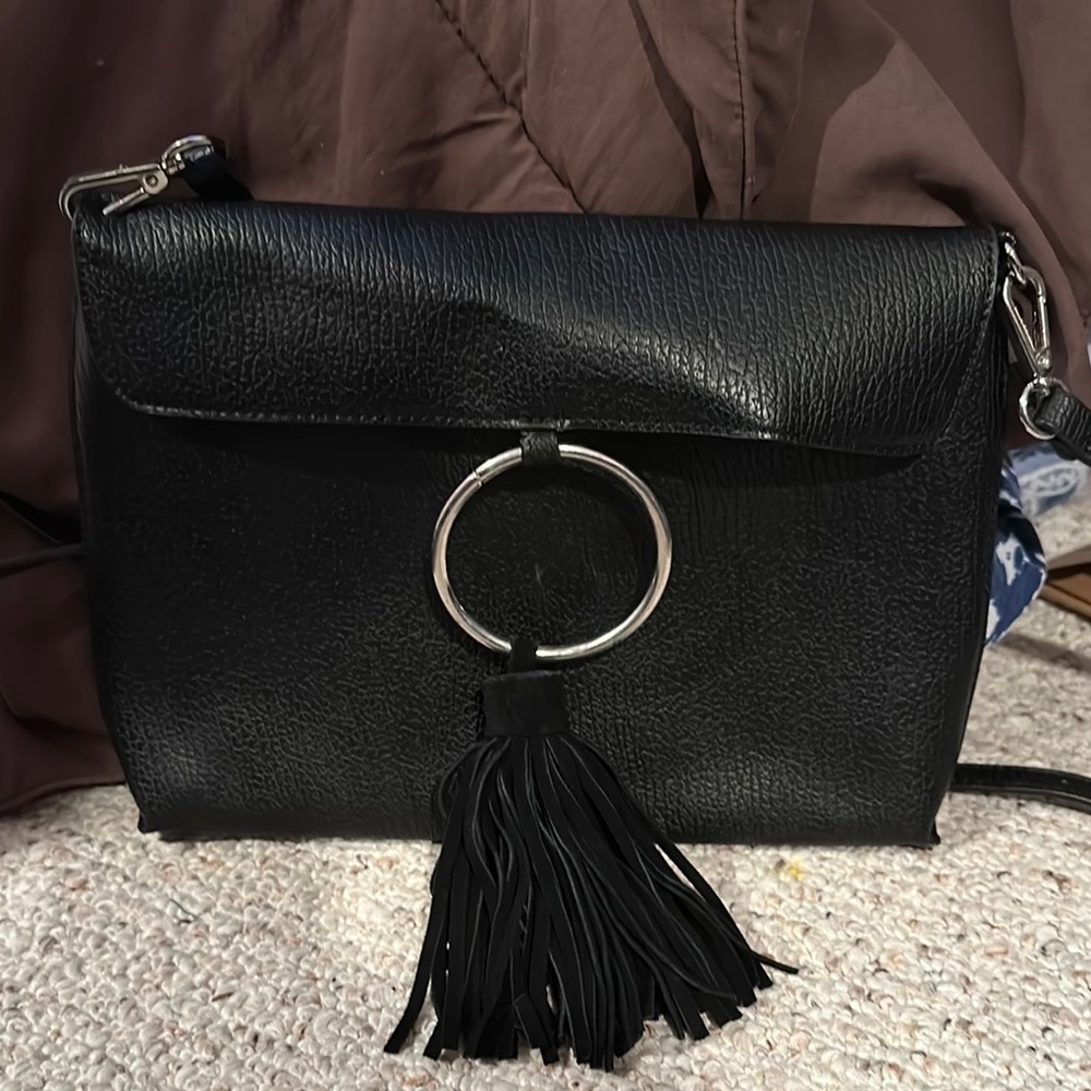Street Level Black and Silver Crossbody Bag with Tassel